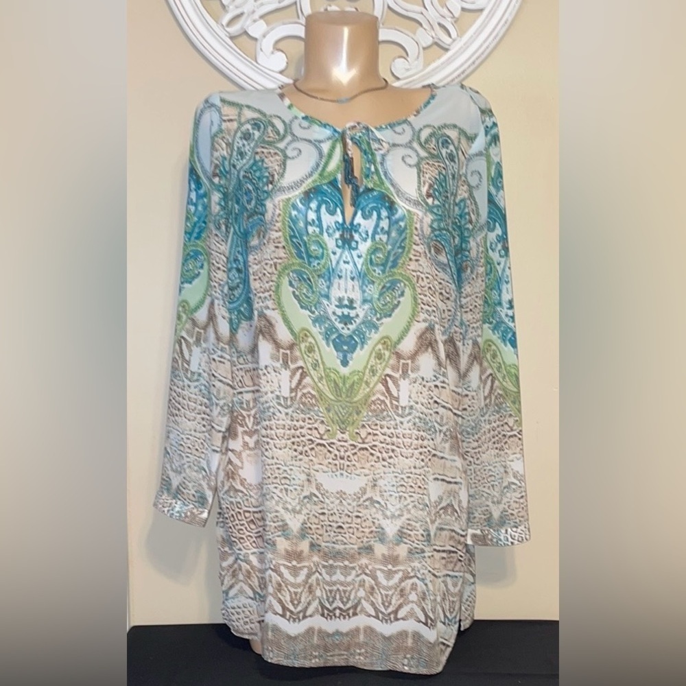 Chico's womens large 12  tunic top Long Sleeve Blue Green paisley sheer cover up